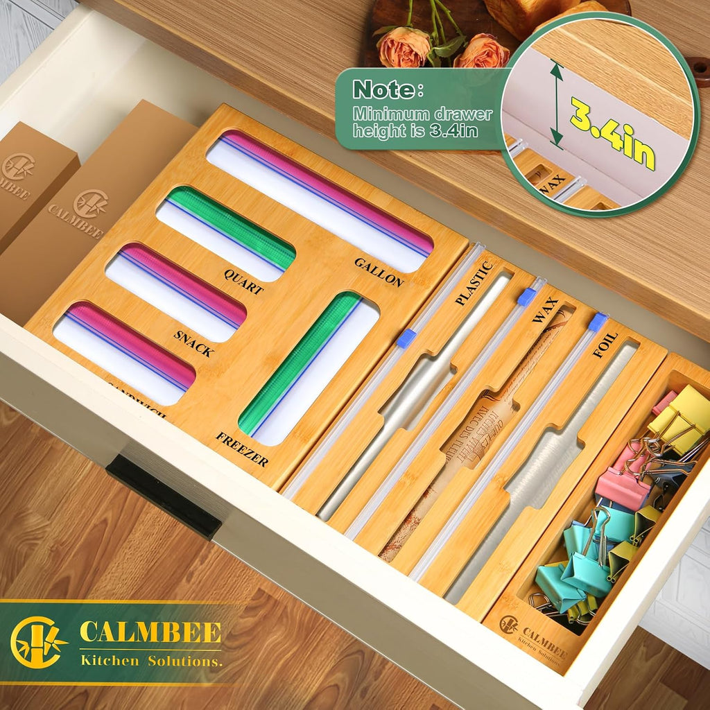 Calmbee 9 In 1 Bamboo Storage Bag Organizer For Kitchen Drawer – Plastic Wrap Dispenser With Cutter & Foil Organizer, Wooden Baggie Organizer For Sandwich, Snack, Gallon, Quart Sizes, Natural