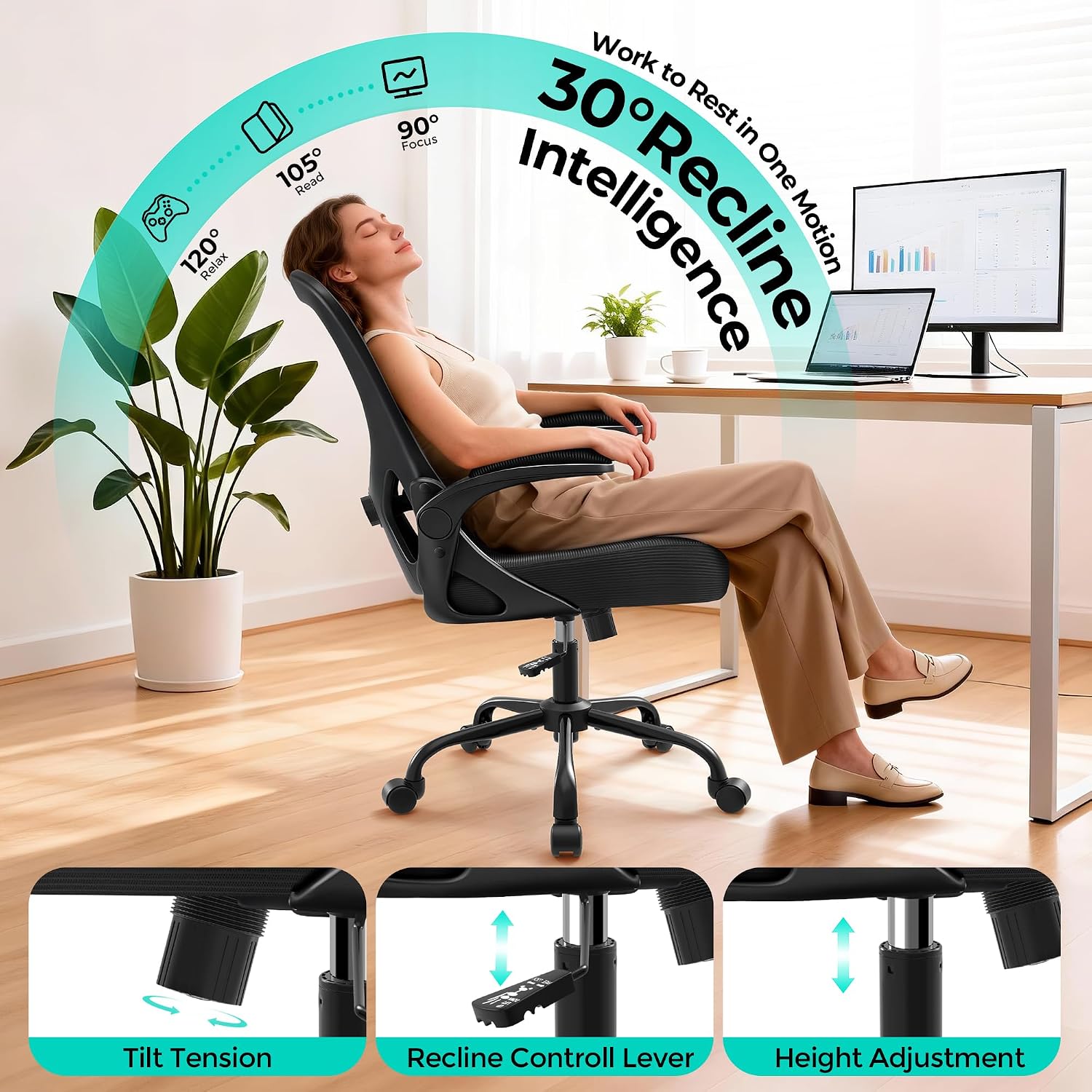 Office Chair - Ergonomic Breathable Mesh Desk Chair With Adjustable Lumbar Support And Flip-Up Armrests - Executive High Back Rolling Swivel Comfortable Computer Gaming Chair For Home Office
