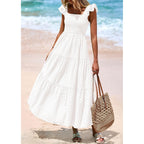 Prettygarden Womens Summer Square Neck Maxi Dresses Cap Sleeve Eyelet Smocked Tiered A Line Flowy Long Dress With Pockets