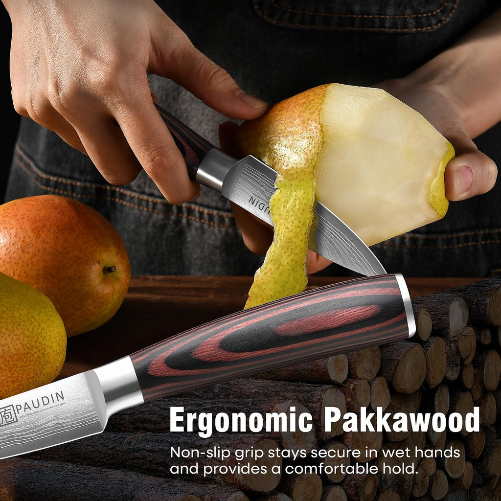 Paudin Paring Knife, 3.5 Inch Fruit Knife, High Carbon 5Cr15Mov Stainless Steel Forged Paring Knife, Ultra Sharp Small Kitchen Knife, Ergonomic Wooden Handle With Elegant Gift Box