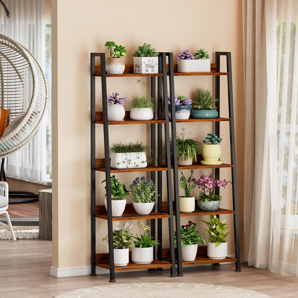 Furologee 5-Tier Ladder Shelf, Ladder Bookshelf With Removable Drawer, Rustic Bookcase Storage Rack Organizer, Wood Metal Freestanding Storage Shelf For Living Room, Home Office, Bedroom, Balcony