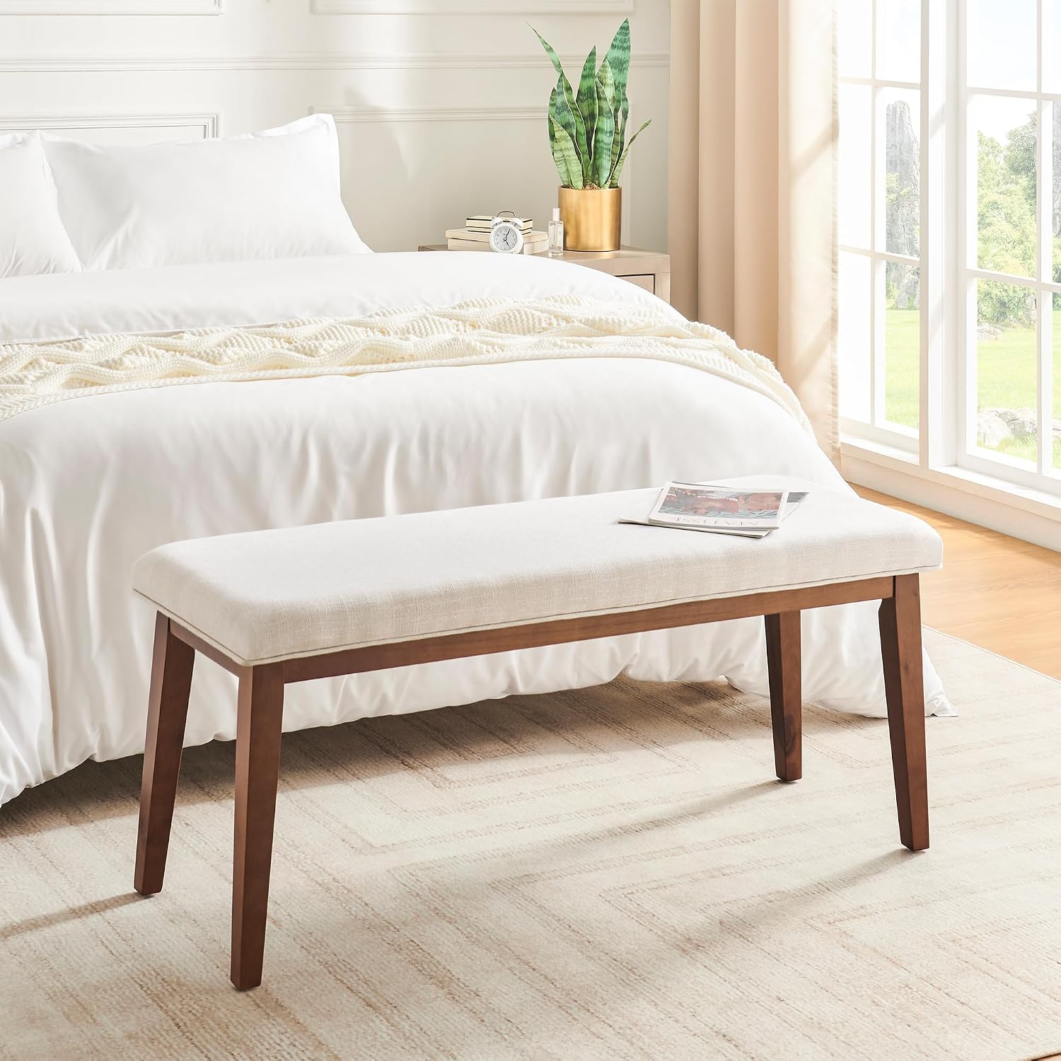 Upholstered Bench For Bedroom End Of Bed,42.5-Inch Entryway Bench For Living Room,Dining Bench With Padded Seat And Solid Wood Leg For Kitchen Bedroom,Indoor And Hallway (Bench, Beige)