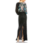 Mac Duggal Beaded Mesh Boat Neck Bishop Sleeve Column Gown