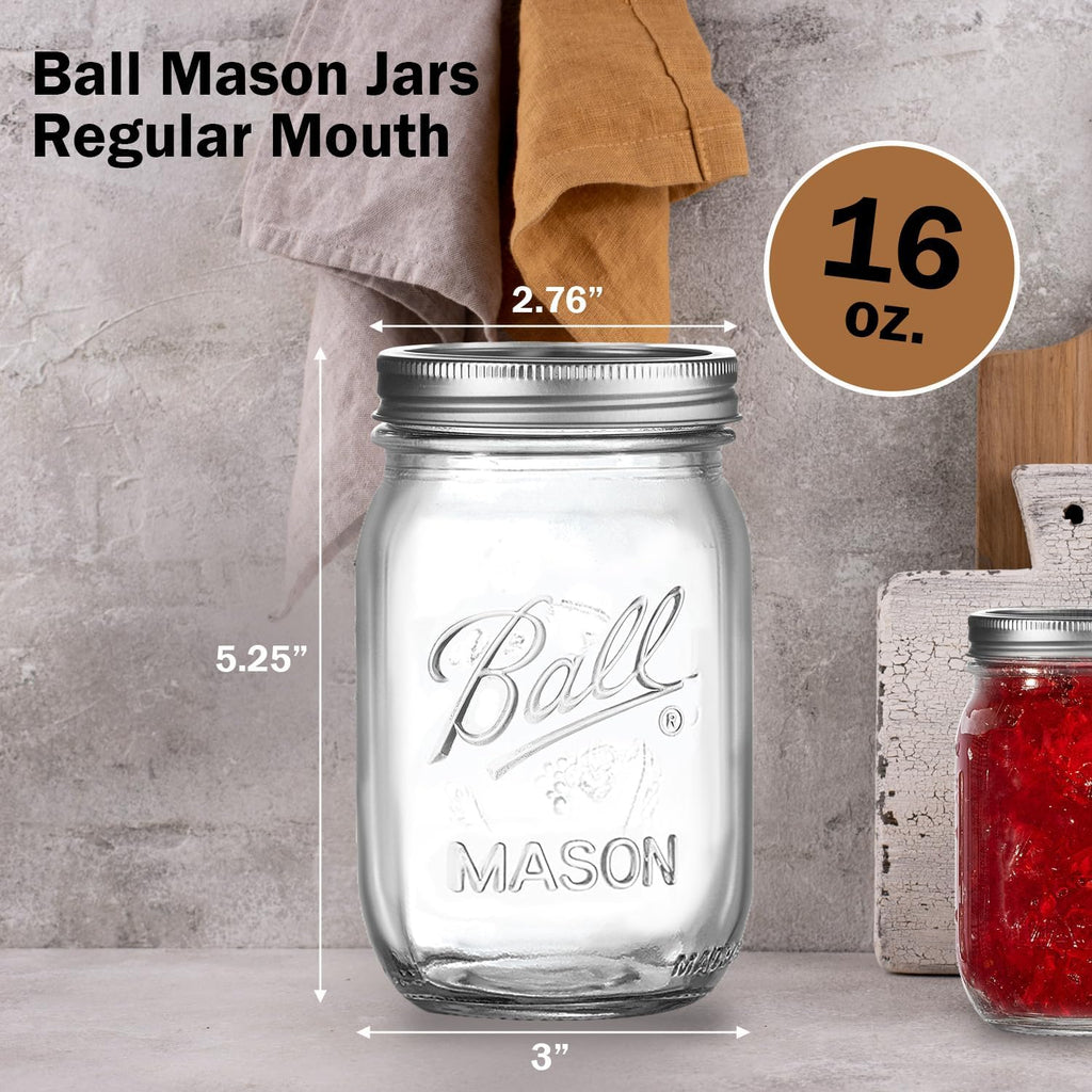 Ball Regular Mouth Mason Jars 16 Oz. (12 Pack) - Pint Size Jars With Airtight Lids And Bands For Canning, Fermenting, Pickling, Meal Prep Or Diy Decors And Projects Bundled With Peaknip Jar Opener