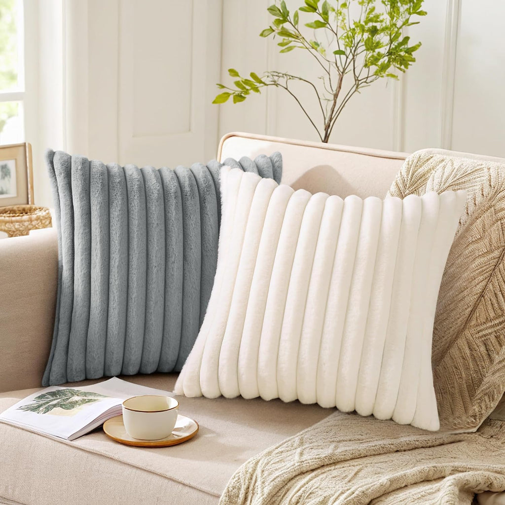 Pallene Faux Fur Plush Fall Throw Pillow Covers 18x18 Set of 2, Luxury Soft Fluffy Striped Decorative Pillow Covers for Sofa, Couch, Living Room, Cream White