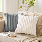 Pallene Faux Fur Plush Fall Throw Pillow Covers 18x18 Set of 2, Luxury Soft Fluffy Striped Decorative Pillow Covers for Sofa, Couch, Living Room, Cream White