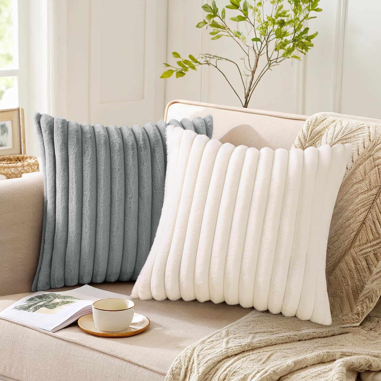 Pallene Faux Fur Plush Fall Throw Pillow Covers 18x18 Set of 2, Luxury Soft Fluffy Striped Decorative Pillow Covers for Sofa, Couch, Living Room, Cream White