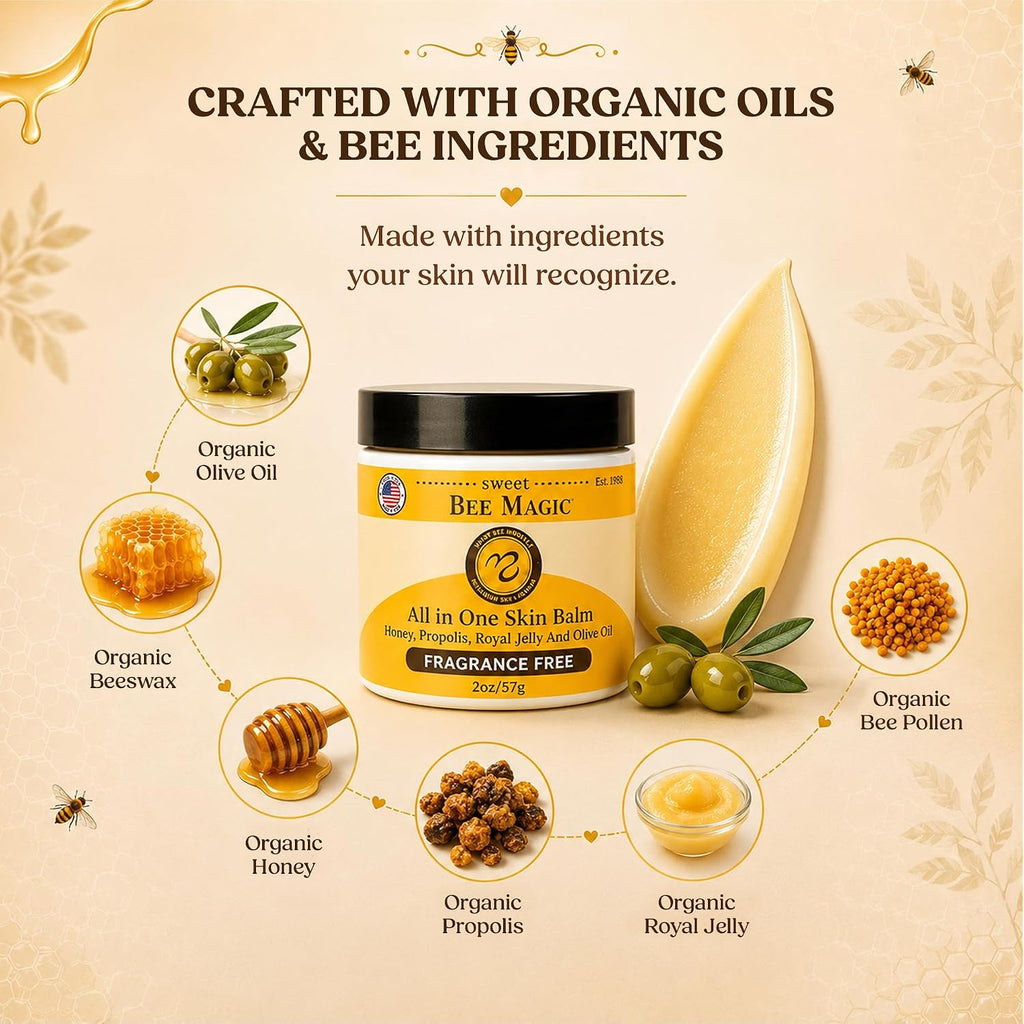 Sweet Bee Magic Organic Honey Bee Balm For Face, Skin & Body - All In One Honey Balm - Beeswax Body Moisturizer - All Natural Aid - 1 Jar (2Oz)