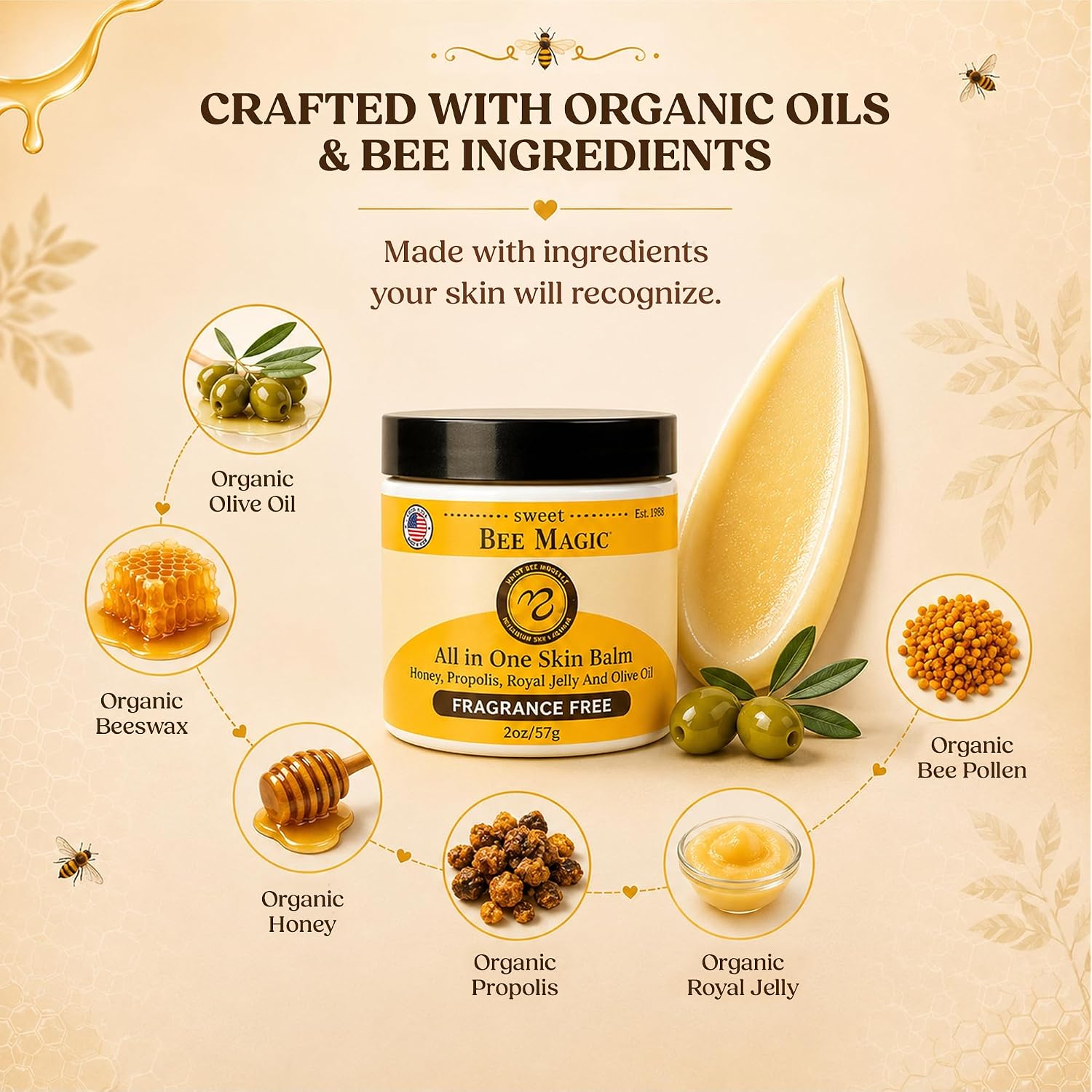 Sweet Bee Magic Organic Honey Bee Balm For Face, Skin & Body - All In One Honey Balm - Beeswax Body Moisturizer - All Natural Aid - 1 Jar (2Oz)