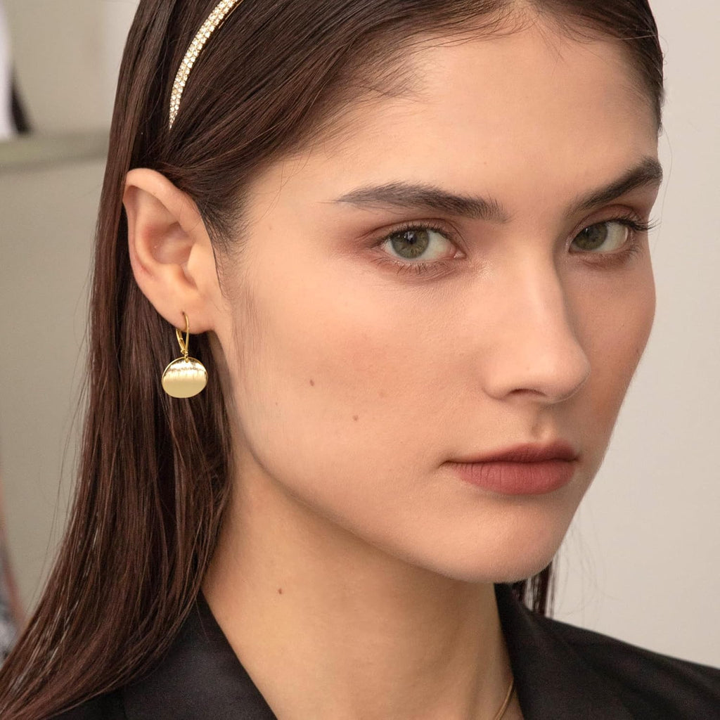 14K Gold Dangle Earrings for Women，Lightweight Circle Disc Coin Geometric Flat Brushed Drop Earrings, Hypoallergenic Leverback Earrings S925 Jewelry