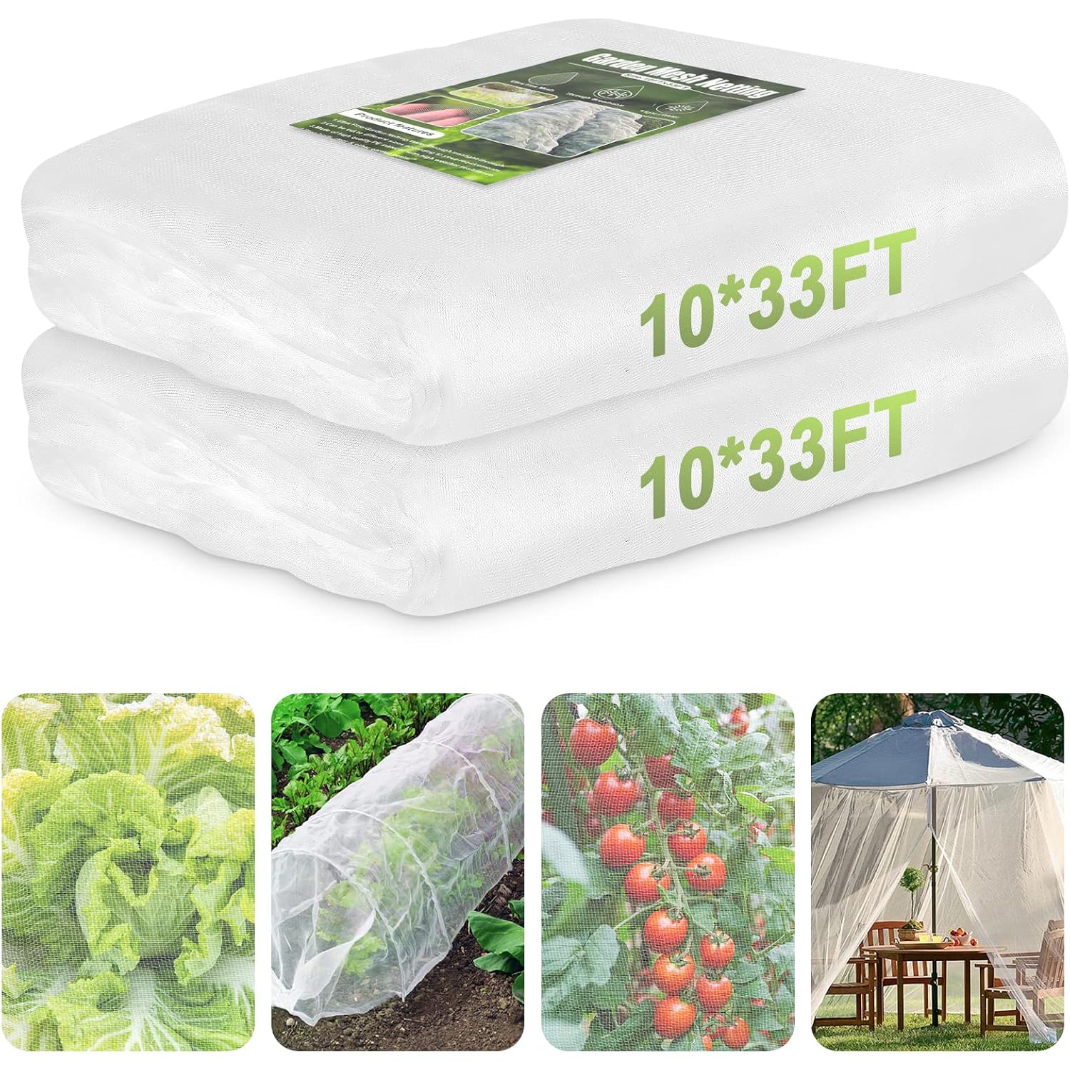 Rifny Garden Netting, 2 Pack 10X33Ft Ultra Fine Mesh Netting Pest Barrier Protection Bird Mosquito Net Plants Cover For Vegetables Fruits Flowers Crops Greenhouse Row Cover Raised Bed Patio