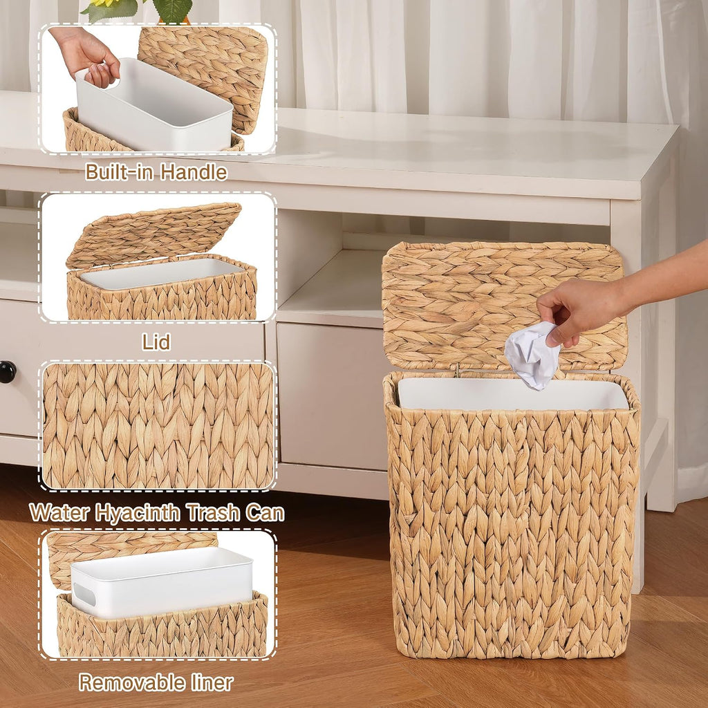 Iegrow Wicker Trash Can, Bathroom Trash Can With Lid, 3 Gallon Natural Water Hyacinth Waste Basket With Removable Liner, For Bedroom, Living Room, Toilet, Under Sink