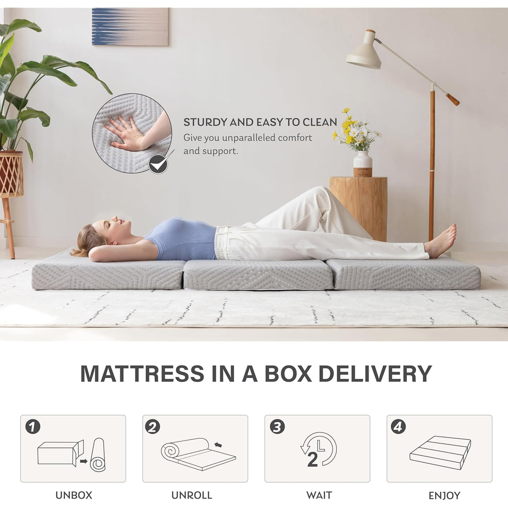 MLILY Tri-Fold Memory Foam Topper, 4 inch Single Folding Mattress Topper with Collapsible and Washable Cover, Travel and Guest Mat, 75"×25"×4", Grey