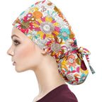 QBA Adjustable Working Cap with Button, Satin-Lined Hat, Cotton Working Hat Sweatband, Elastic Tie Back Hats Unisex #Satin-lined Iridescent Sunflowers