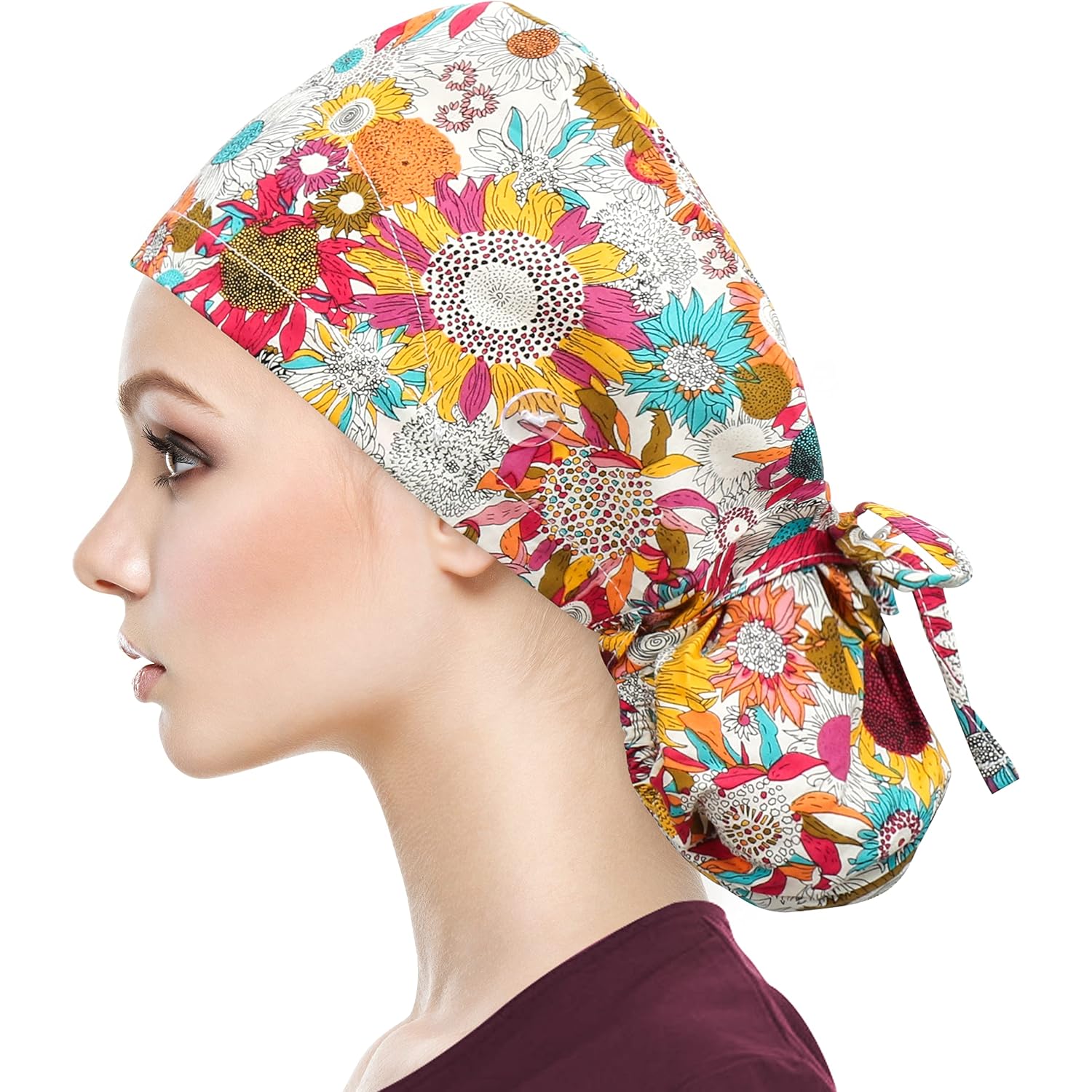 QBA Adjustable Working Cap with Button, Satin-Lined Hat, Cotton Working Hat Sweatband, Elastic Tie Back Hats Unisex #Satin-lined Iridescent Sunflowers