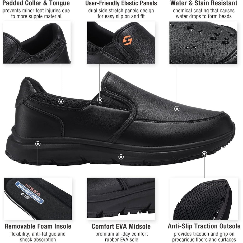 Hisea Non Slip Work Shoes For Men, Water & Oil Resistant Leather Slip On Kitchen Shoes, Comfortable Mens Slip Resistant Chef Shoes For Restaurant Food Service, Lightweight Walking Shoes, Black