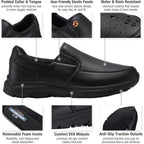 Hisea Non Slip Work Shoes For Men, Water & Oil Resistant Leather Slip On Kitchen Shoes, Comfortable Mens Slip Resistant Chef Shoes For Restaurant Food Service, Lightweight Walking Shoes, Black