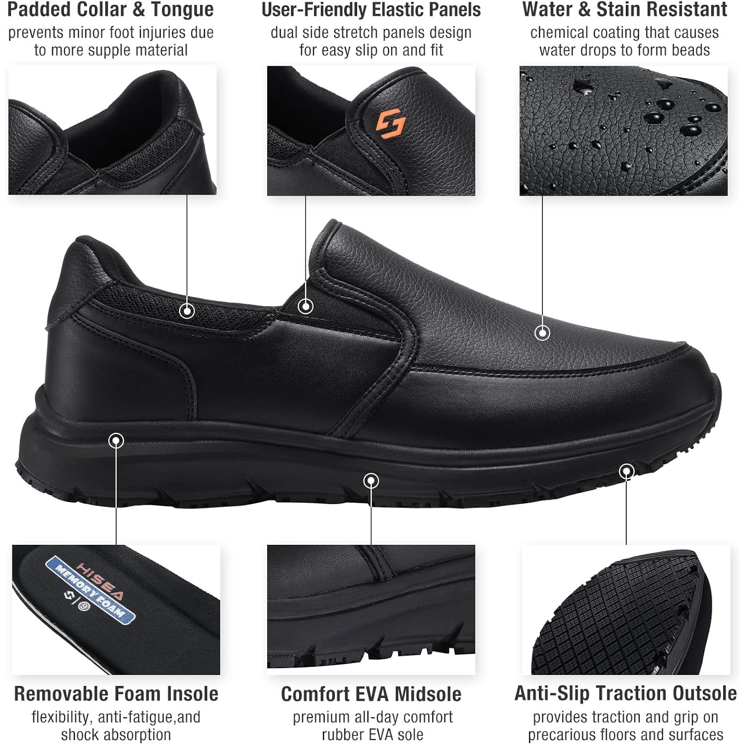 Hisea Non Slip Work Shoes For Men, Water & Oil Resistant Leather Slip On Kitchen Shoes, Comfortable Mens Slip Resistant Chef Shoes For Restaurant Food Service, Lightweight Walking Shoes, Black