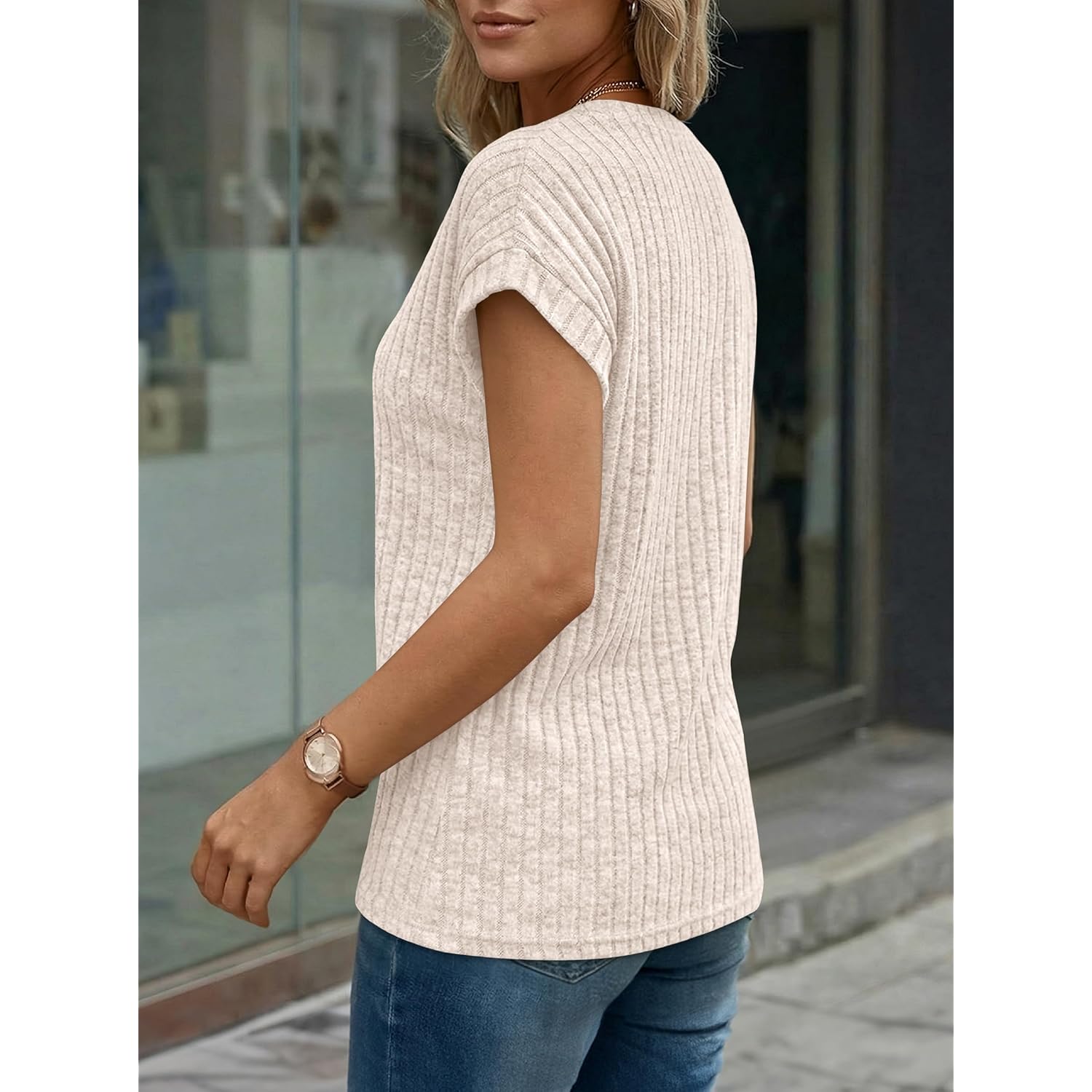 Womens Spring Top Summer Short Sleeve T Shirt Business Dressy Casual Blouse Henley V Neck Sweater Loose Fit Tee Tunic