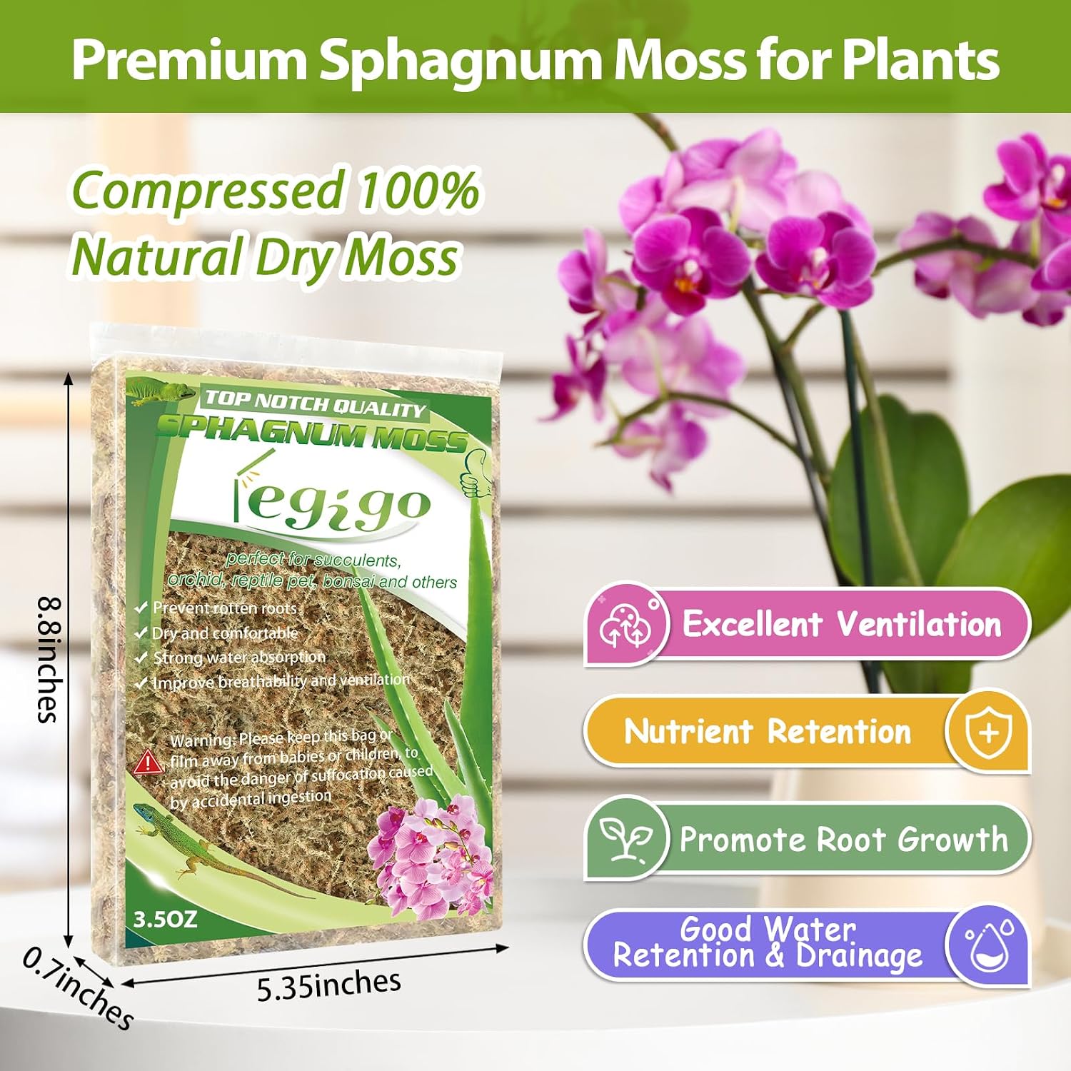 3.5Oz Premium Sphagnum Moss Potting Mix- 4 Qt Natural Succulent Carnivorous Plants Moss Dried, Plant Growing Medium For Orchid Succulent Sarracenia Orchid Gardening Plants Reptiles
