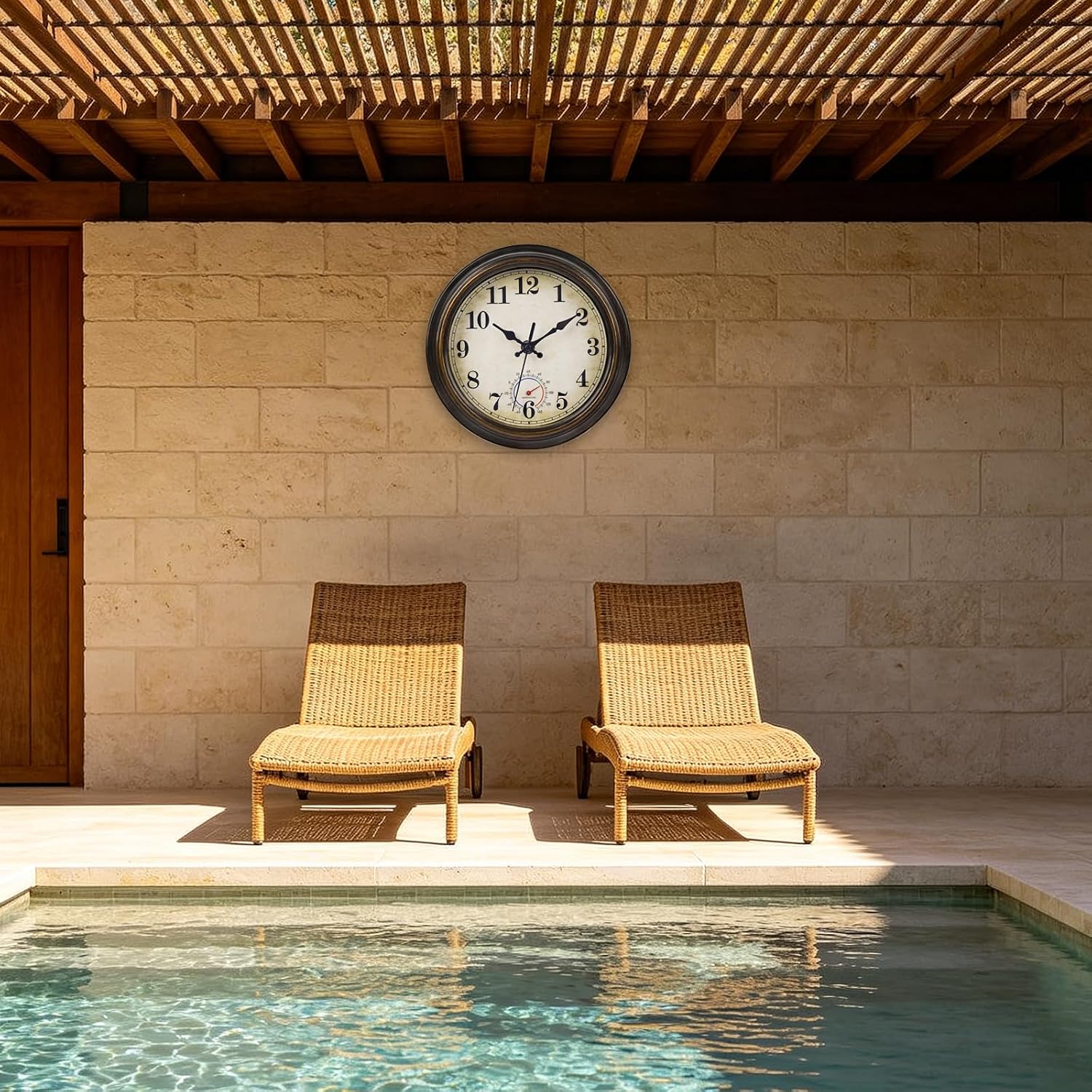 Outdoor Clocks Waterproof With Thermometer Combo Vintage Rustic Wall Clock For Patio Pool Bathroom Kitchen(8 Inch,Bronze)