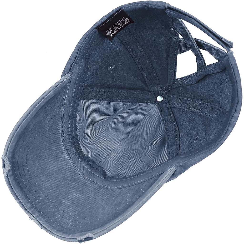 Womens Criss Cross Ponytail Baseball Cap Distressed Ponytail Hat High Messy Bun Trucker Ponycap for Outdoor Sports Navy Blue
