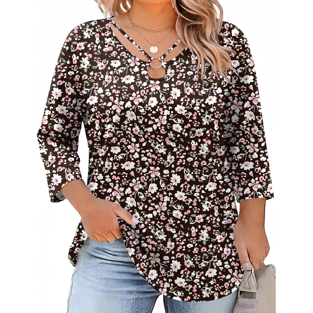 Rapbin Womens Plus Size Tops 3/4 Sleeve Shirts Summer Cut Out Ring Keyhole Neck Dressy Casual Loose Tunic Tops 1X-5X