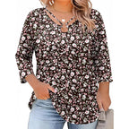 Rapbin Womens Plus Size Tops 3/4 Sleeve Shirts Summer Cut Out Ring Keyhole Neck Dressy Casual Loose Tunic Tops 1X-5X