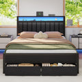 Queen Bed Frame With Charging Station And Led Lights, Grey Upholstered Headboard With Shelves, Metal Platform Bed With 2 Under-Bed Storage (Fabric Drawer On Wheels), No Box Spring Needed