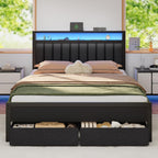 Queen Bed Frame With Charging Station And Led Lights, Grey Upholstered Headboard With Shelves, Metal Platform Bed With 2 Under-Bed Storage (Fabric Drawer On Wheels), No Box Spring Needed