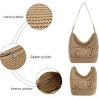 Crochet Hobo Bags For Women Woven Lightweight Boho Shoulder Purse And Handbags With Leather Strap Khaki