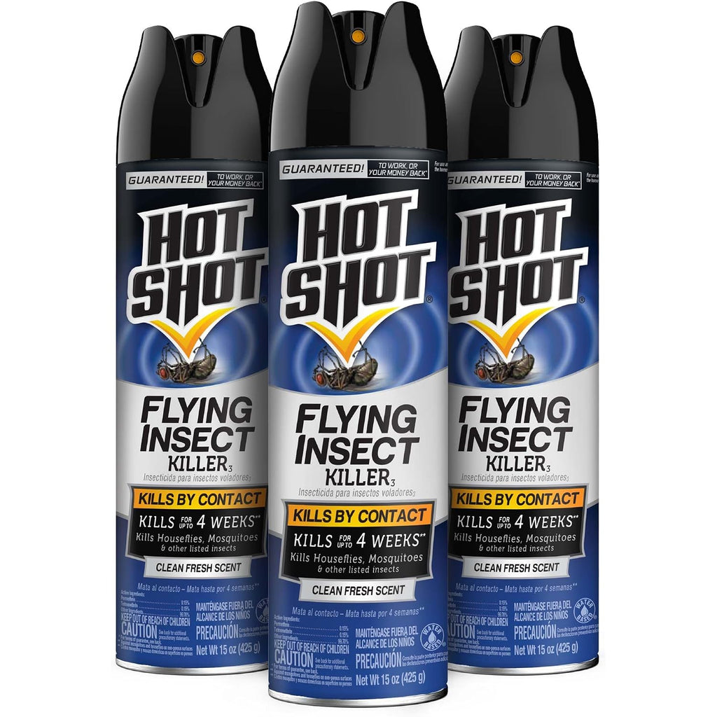 Hot Shot Flying Insect Killer, 15 Ounces (180 Oz Total), Aerosol Kills Houseflies, Mosquitoes And Flying Insects Indoors And Outdoors, Clean Fresh Scent, 3 Pack