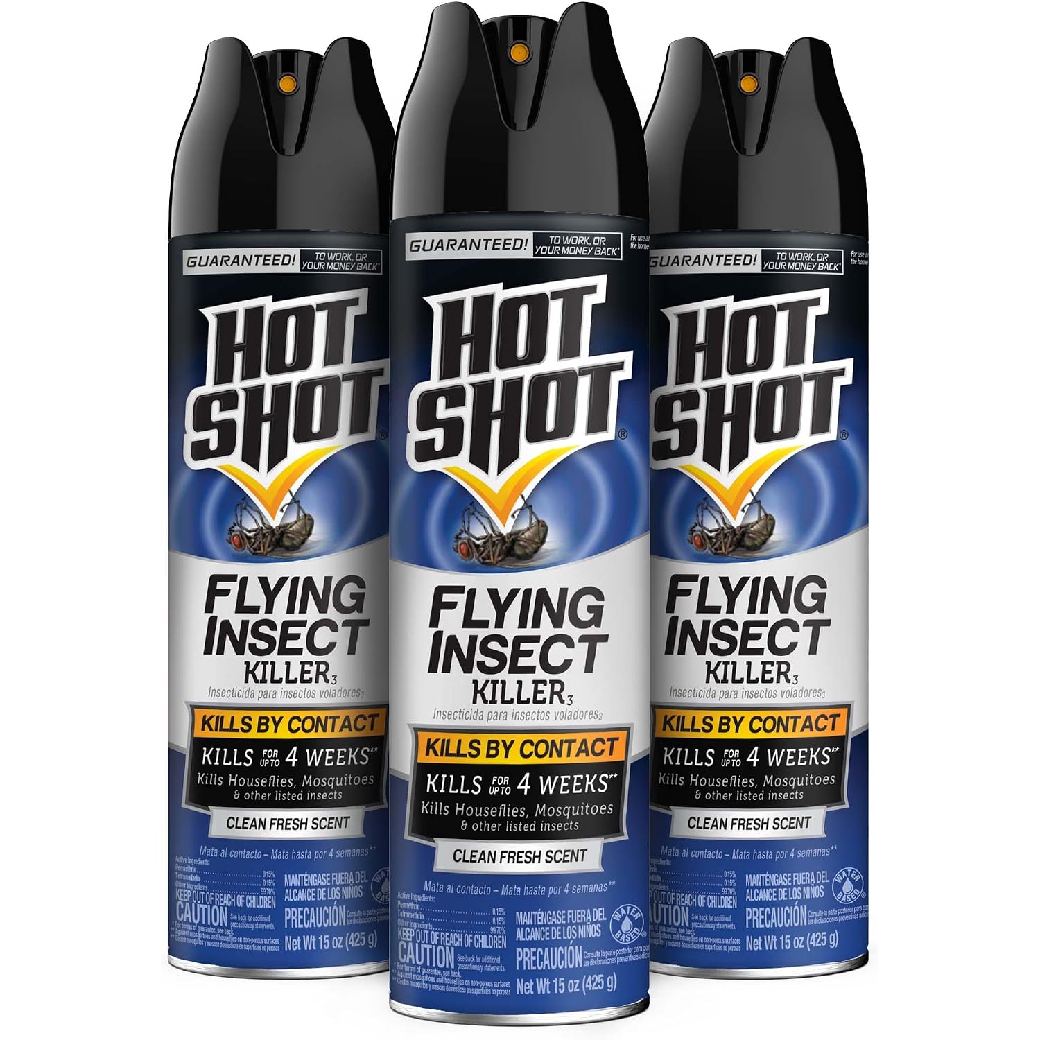 Hot Shot Flying Insect Killer, 15 Ounces (180 Oz Total), Aerosol Kills Houseflies, Mosquitoes And Flying Insects Indoors And Outdoors, Clean Fresh Scent, 3 Pack