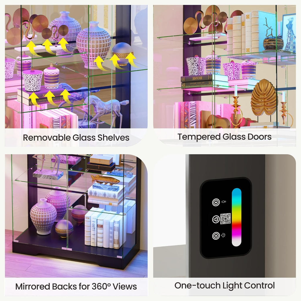 10-Tier Glass Display Cabinet With Rgb Light&Auto Sensor,Gaming Room,Black | 71''H Lockable Curio Cabinet With Glass Doors,China Cabinets With Removable Shelves For Collectibles,Lighted Showcase