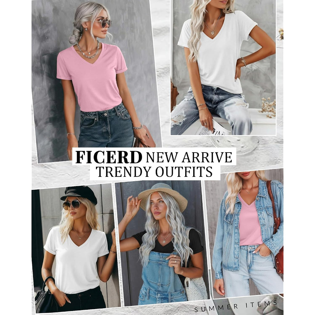Ficerd 3 Pack Women'S V Neck T Shirts, Summer Casual Short Sleeve Tops Loose Fit Rolled Sleeve Tees Trendy Shirts