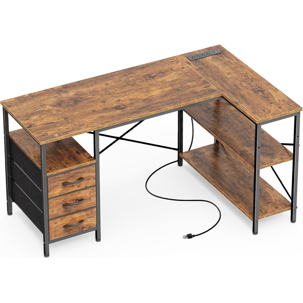 Huuger L Shaped Office Desk With Power Outlets, 47 Inch Computer Desk With 3 Drawers, Shelves, For Gaming, Corner Work, Home Office, Study, Rustic Brown