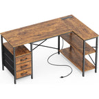 Huuger L Shaped Office Desk With Power Outlets, 47 Inch Computer Desk With 3 Drawers, Shelves, For Gaming, Corner Work, Home Office, Study, Rustic Brown