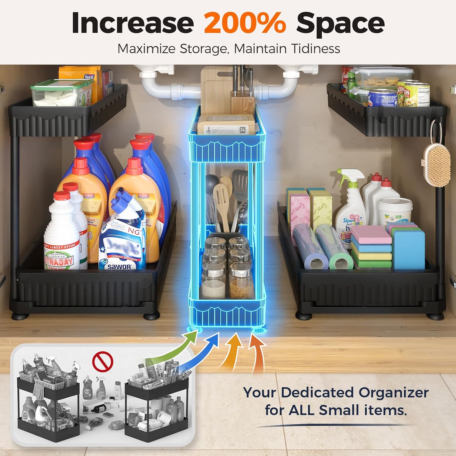 3 Pack Multi-Purpose Pull-Out Storage Organizers, 2-Tier L-Shaped Under Sink/Cabinet Organizers And Storage For Bathroom & Kitchen, (Black, 12.85 Inches)