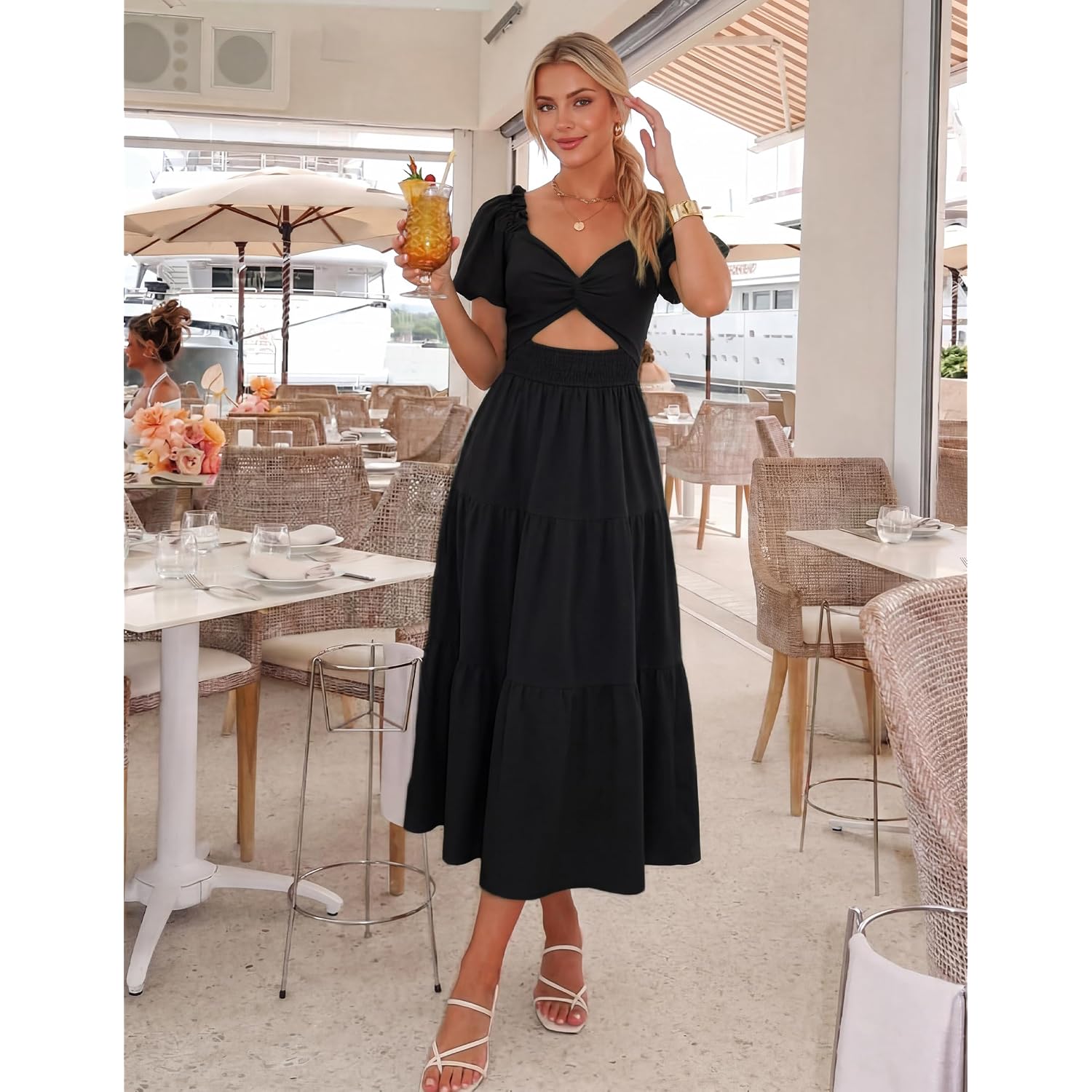 Zesica Womens Summer Casual Flowy Vacation Maxi Dress 2026 Short Puff Sleeve A Line Smocked Cutout Beach Party Dresses