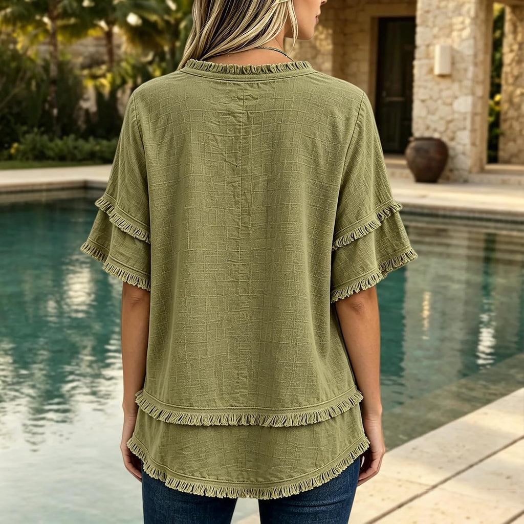 Linen Shirts For Women Summer Raw Hem Gauze Shirts 3/4 Length Sleeve Frayed V Neck Henley Shirt Boho Tunic Blouse