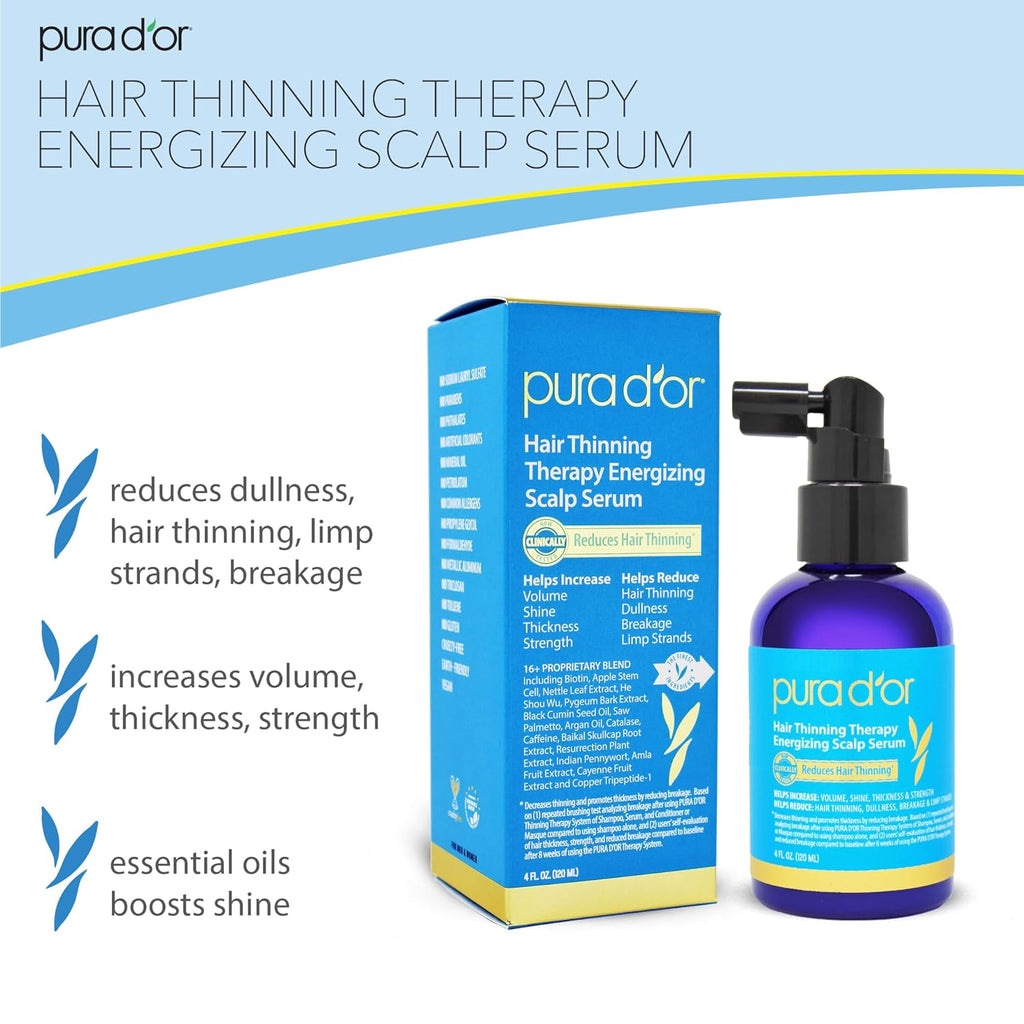 Pura D'Or Hair Thinning Therapy Energizing Scalp Serum 4Oz W/Copper Tripeptide, Biotin, Caffeine, Plant Stem Cell, Catalase & Dht Balance, Rosemary Green Tea Leaf Extract, All Hair Types, Men Women