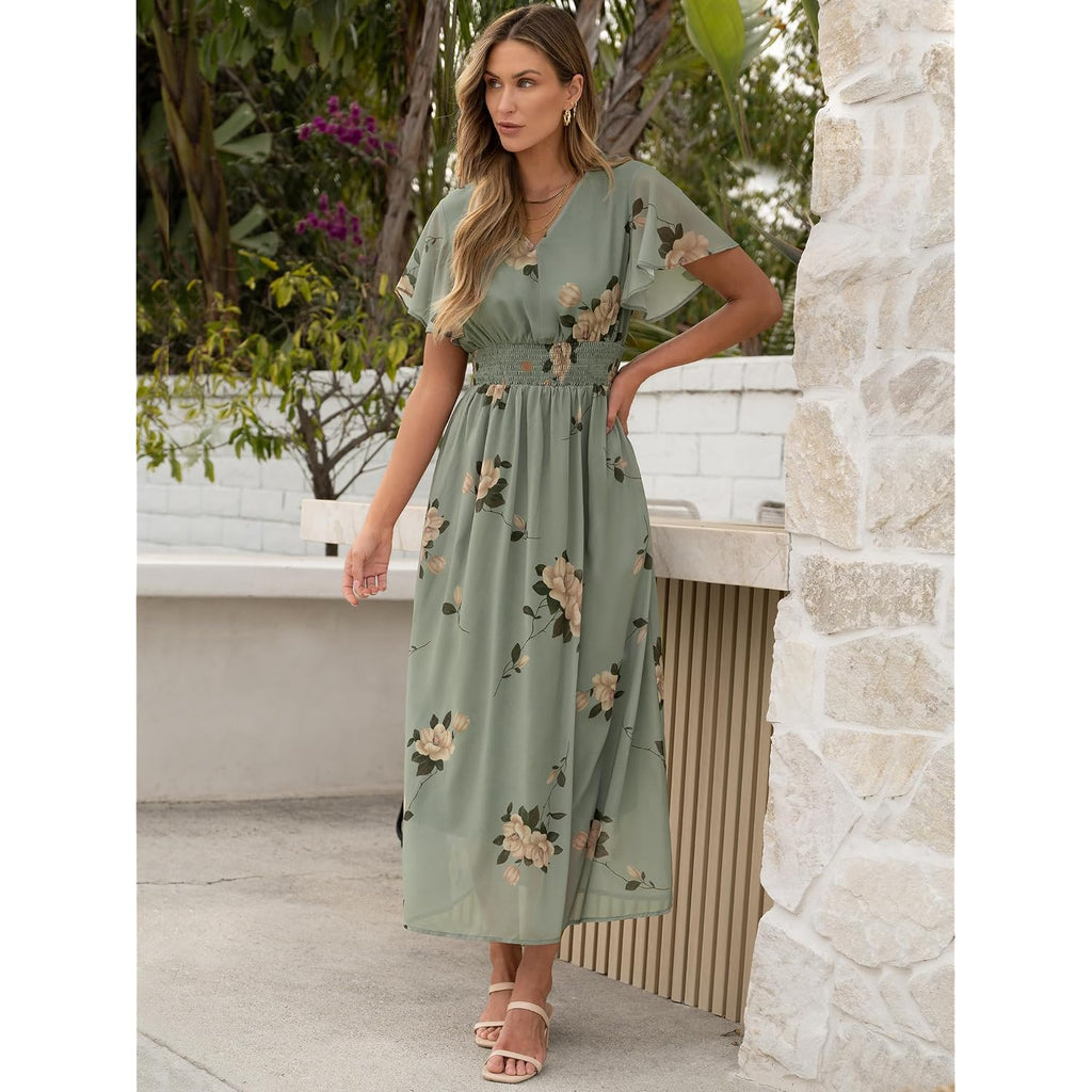 Anrabess Womens Summer Floral Maxi Dress Casual V Neck Short Sleeve Chiffon Boho Flowy Beach 2026 Wedding Guest Long Dresses