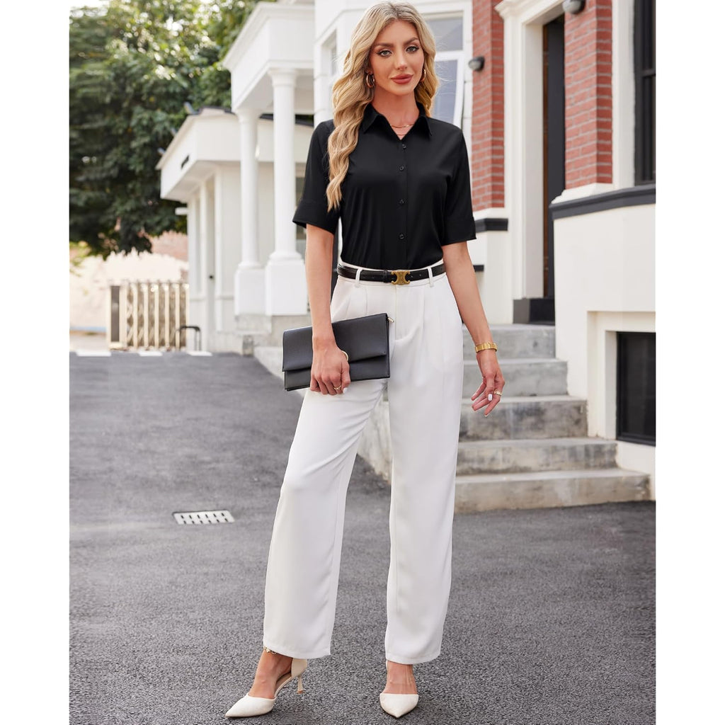 Button Down Shirts for Women Fitted Short Sleeve Dress Shirt Collared Blouses Work Tops Wrinkle Free