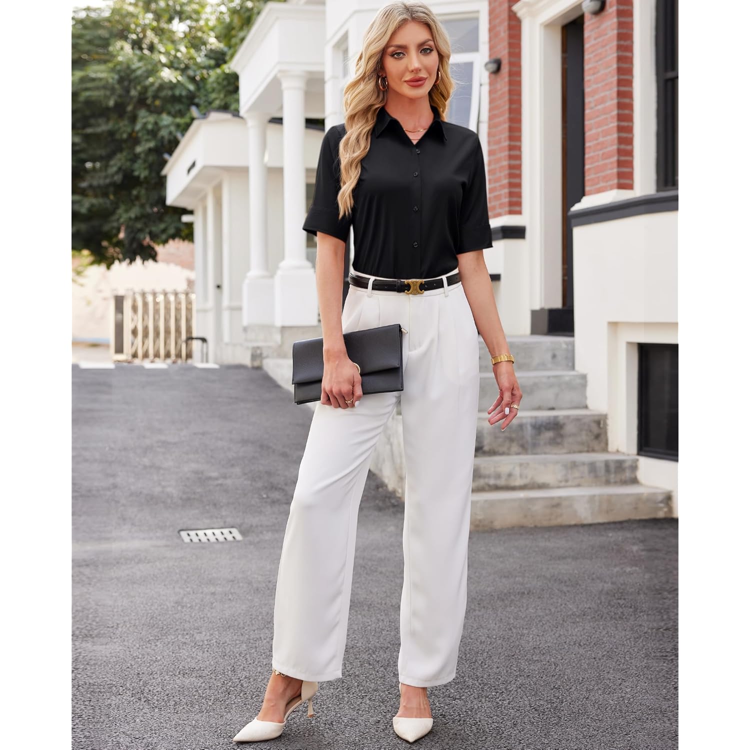Button Down Shirts for Women Fitted Short Sleeve Dress Shirt Collared Blouses Work Tops Wrinkle Free