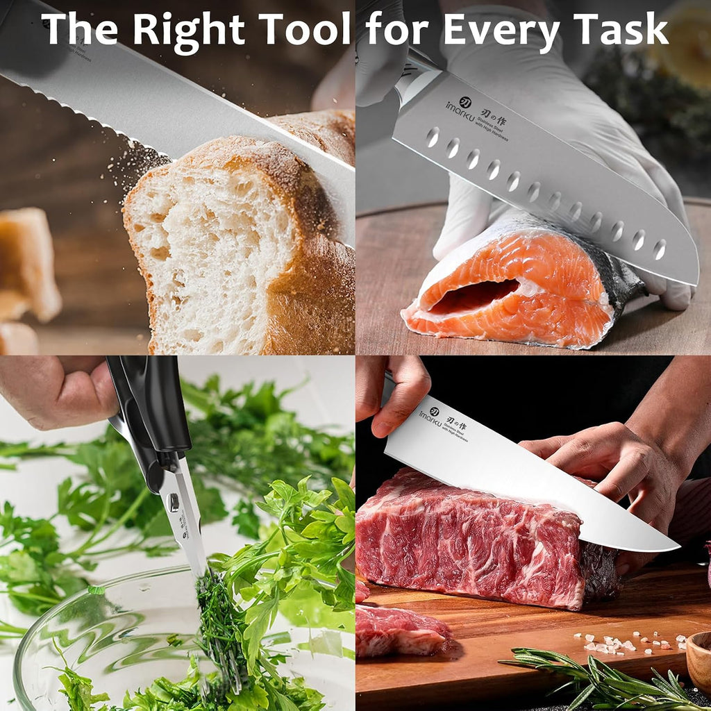 Imarku 14-Piece Knife Block Set, Knife Set With Block And Build-In Sharpener, Japanese Stainless Steel Knife Set For Lasting Sharpness, Dishwasher Safe, Black