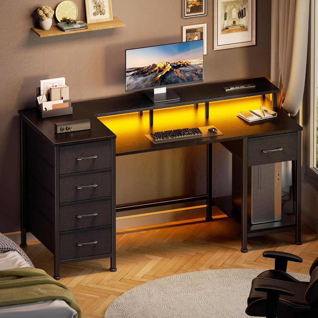 Korfile 47 Inch Gaming Desk With Power Outlets And Led Lights, Reversible Computer Desk With 5 Fabric Storage Drawers, Home Office Desk With Monitor Stand For Working Writing Study, Black