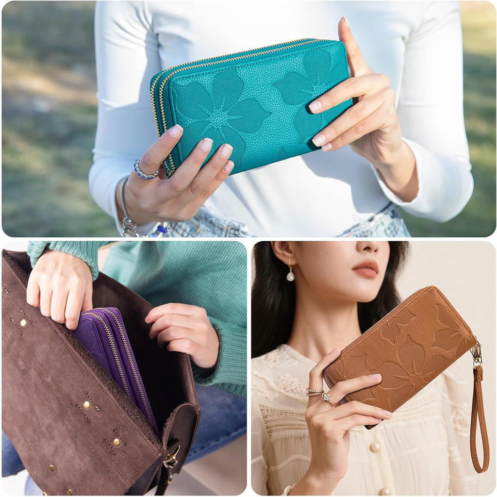 Espera Women Wallet RFID Blocking Large Capacity Card Holder Purse Double Zip Leather Designer Ladies Clutch with Wristlet