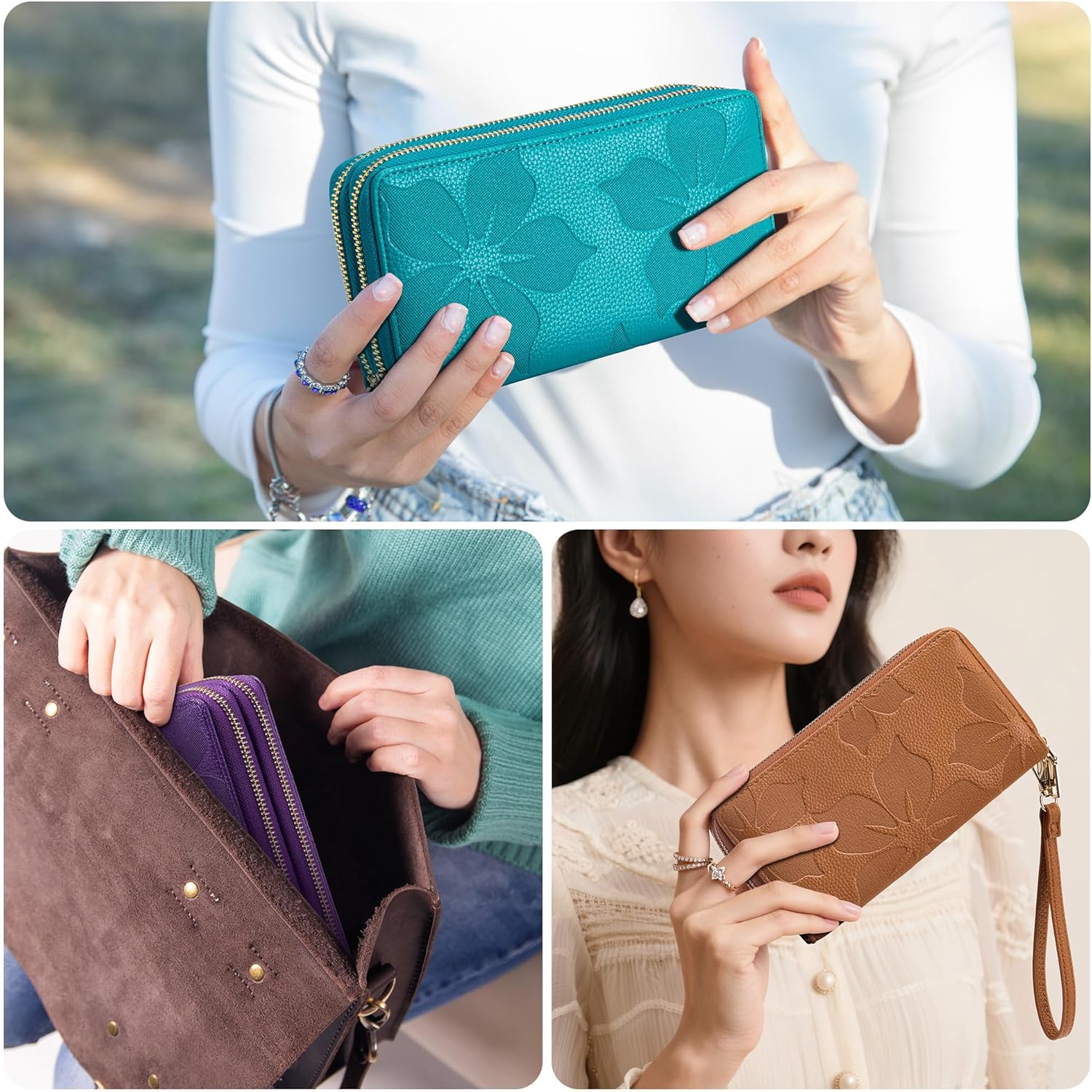 Espera Women Wallet RFID Blocking Large Capacity Card Holder Purse Double Zip Leather Designer Ladies Clutch with Wristlet