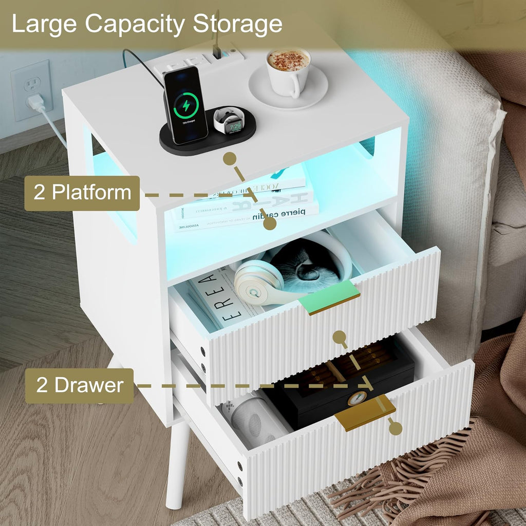 White Nightstand With Charging Station And Led Lights,Modern Bedside Table With 2 Storage Drawer And Open Wood Shelf, For Bedroom And Small Spaces,Night Stand With Solid Wood Legs,White