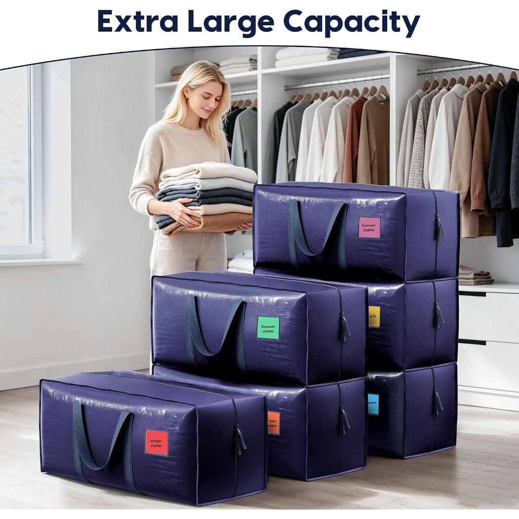 6 Pack Moving Bags Heavy Duty 210Gsm With Full-Open Side Zipper, 93L 220Lbs Waterproof Foldable Storage Totes For College Dorm Move-In, Moving Boxes Alternative & Home Organization, Blue